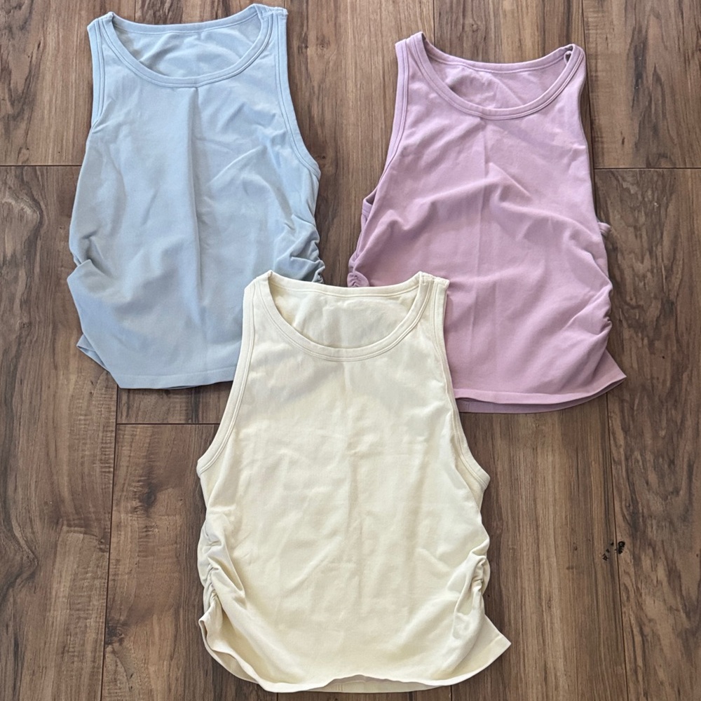 OQQ Everyday Ruched Tank Top — Pastel Blue, Lavender & Cream size L